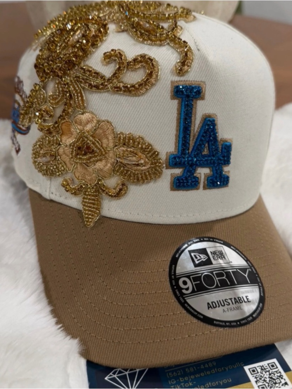 New Era LA Embroidered SnapBack Hat in White, Brown, Blue & Gold Applique